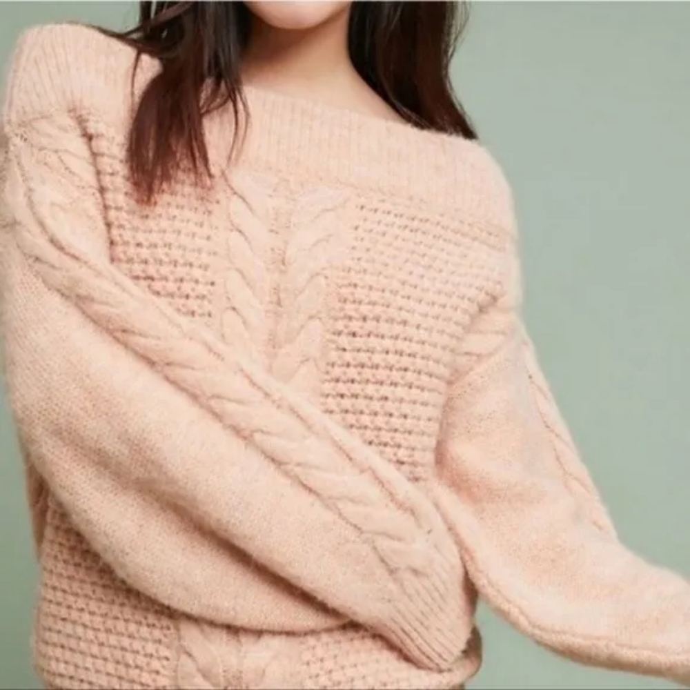 Anthropologie Sleeping on Snow Off Shoulder Cable Knit Sweater Size XS, Pink